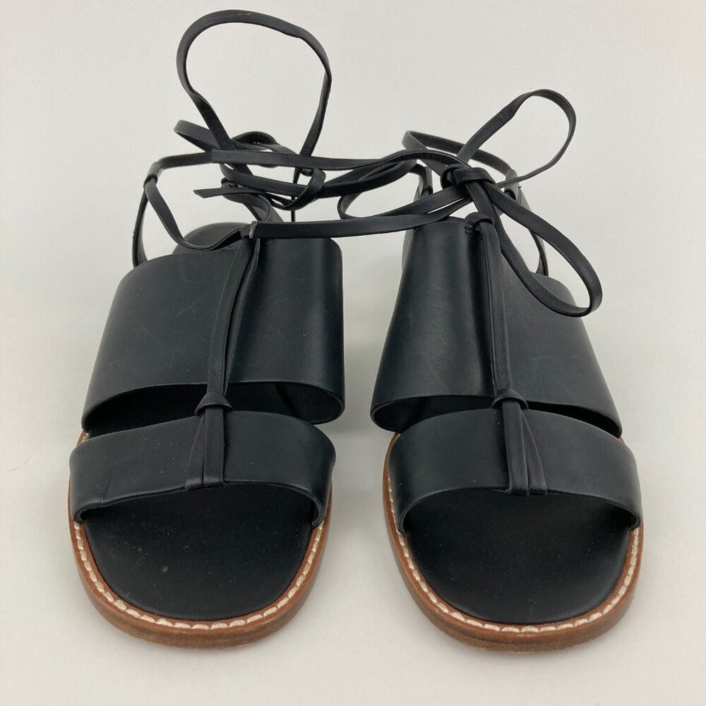 Vince Forster Black Leather Sandals Size 6.5M Ankle Wrap Tie Low Wedge Heel - Picture 2 of 8
